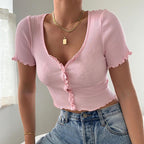 V Neck Ruffles Short Sleeve Shirt