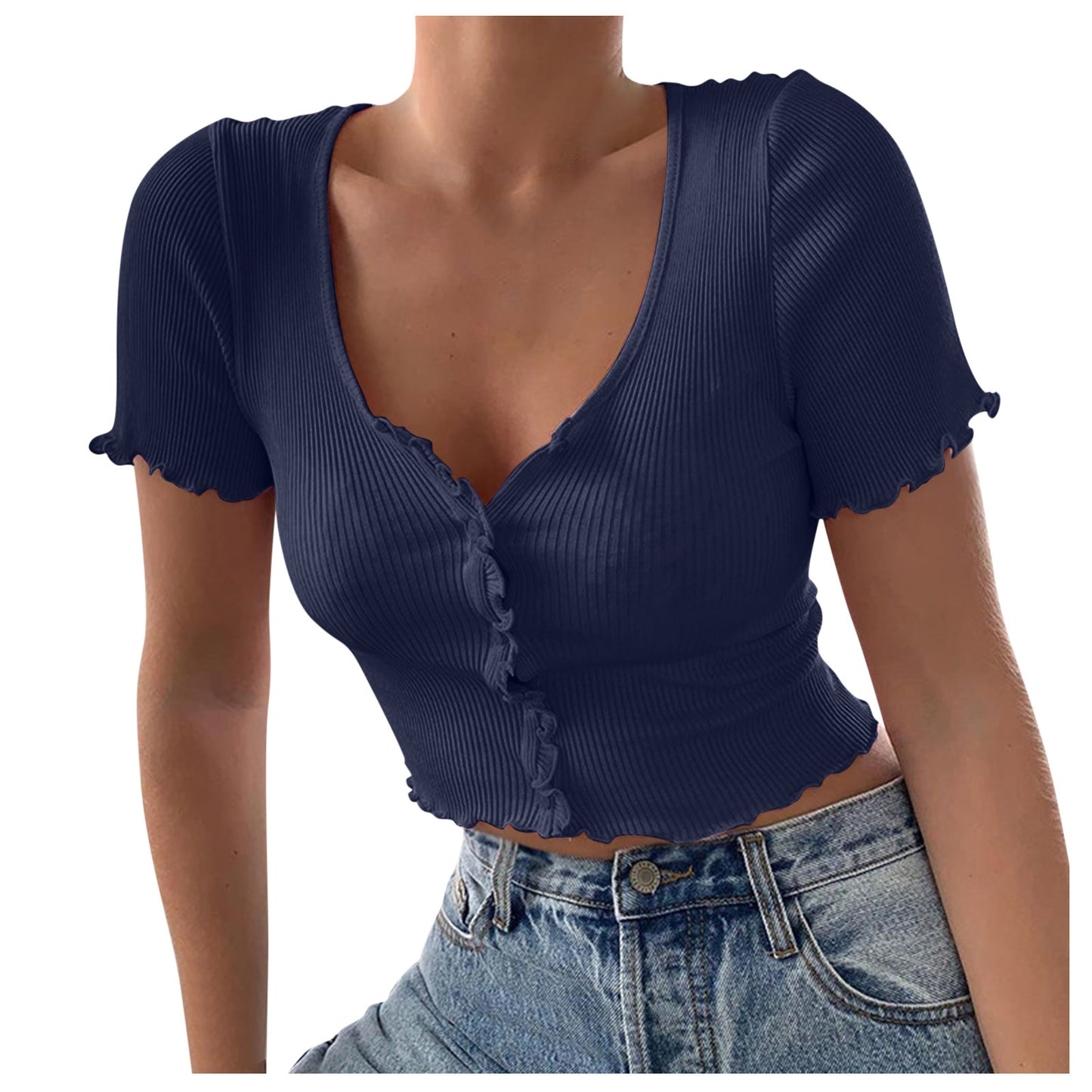 V Neck Ruffles Short Sleeve Shirt