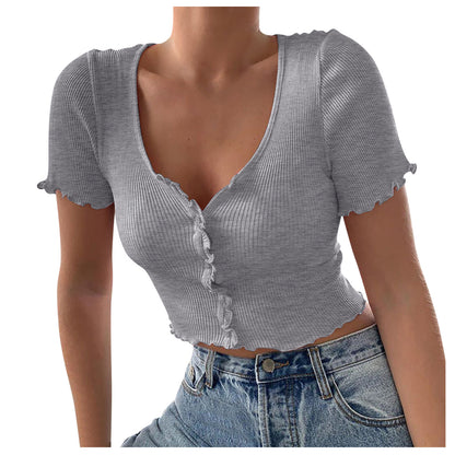 V Neck Ruffles Short Sleeve Shirt