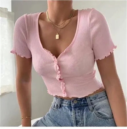 V Neck Ruffles Short Sleeve Shirt
