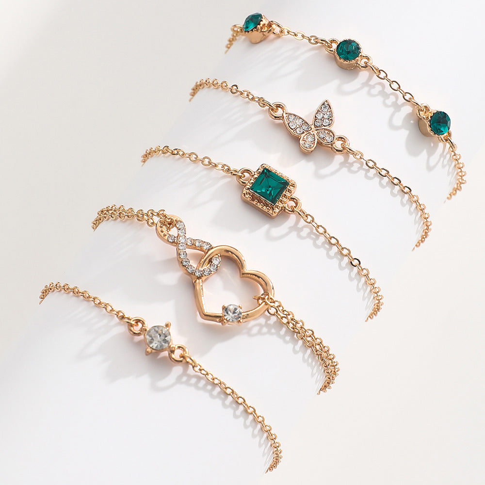 Five Piece Green Crystal Bracelets Set