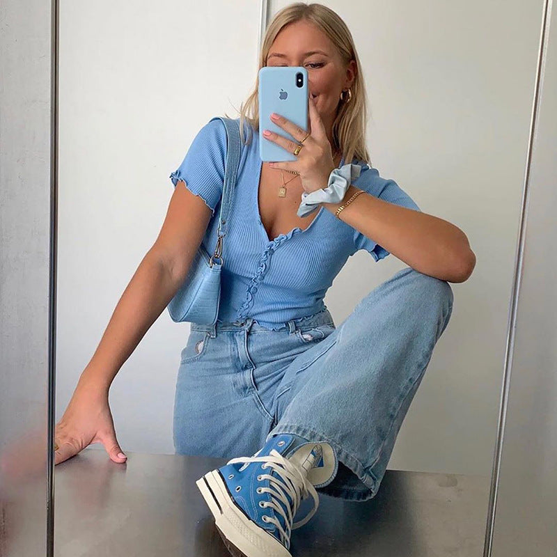 V Neck Ruffles Short Sleeve Shirt