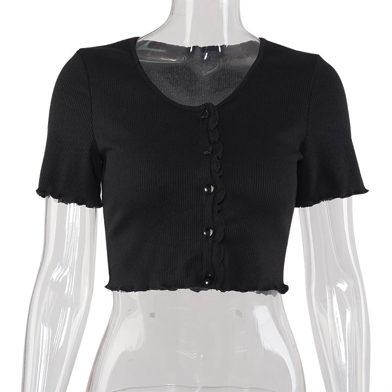 V Neck Ruffles Short Sleeve Shirt