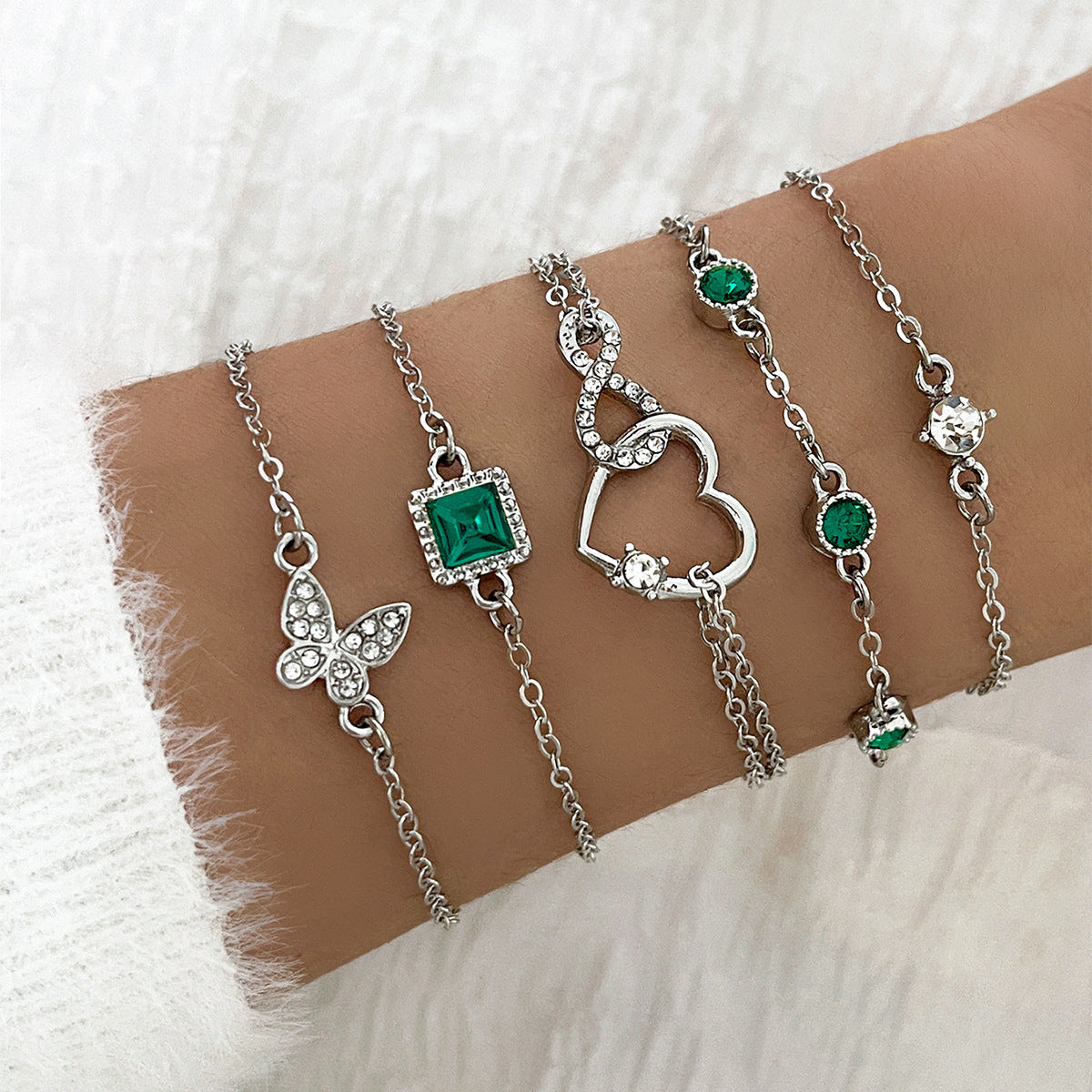 Five Piece Green Crystal Bracelets Set