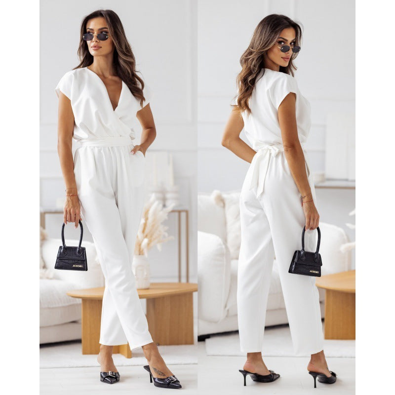 Short-Sleeved Lace-Up Jumpsuit